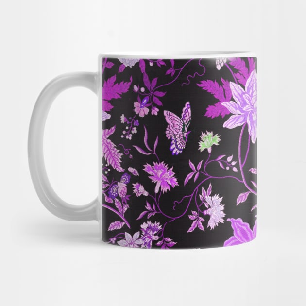 GREEN BIRDS,POMEGRANATE FLOWERS AND BUTTERFLIES Antique Purple Green Floral Pattern by BulganLumini